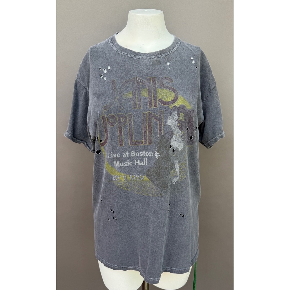 Janis Joplin Goodie Two Sleeves Shirt M/L Gray Distressed Rock Graphic Band Tee